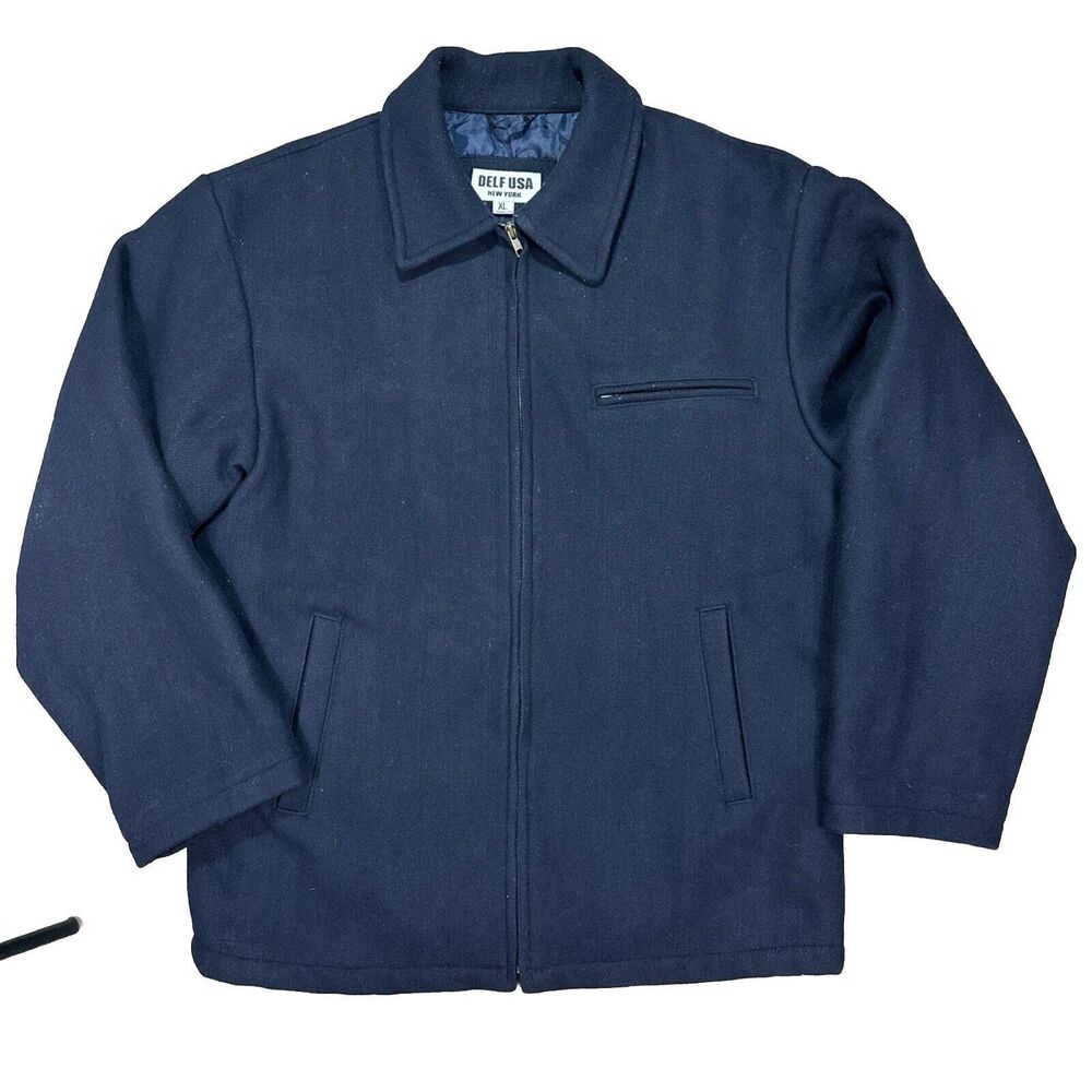 Vintage Delf USA Wool Blend Jacket Full Zip Navy Blue Men's Size XL Extra Large